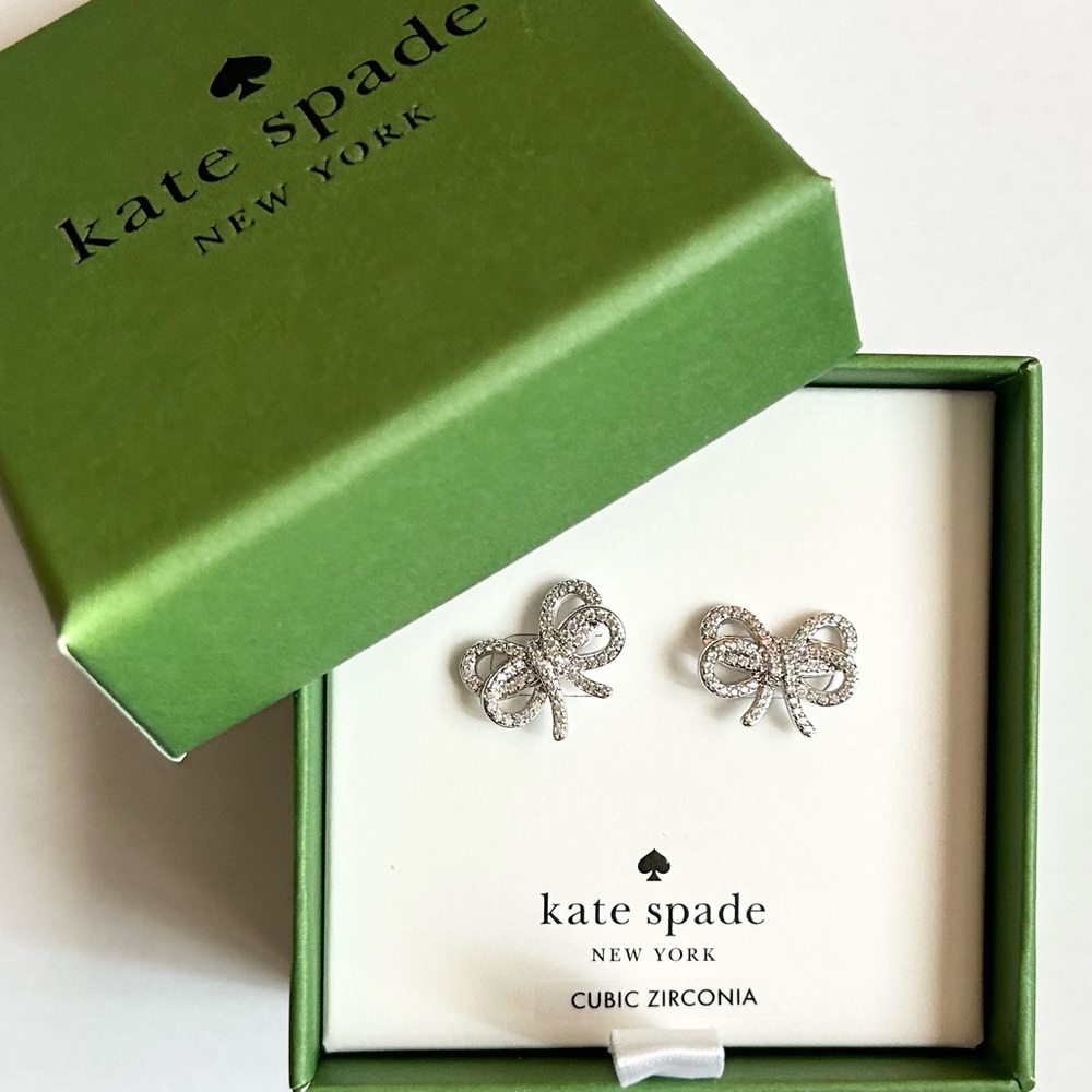 Kate Spade Bow Meets Girl Bow Stud Earrings  Silver-tone Clear New